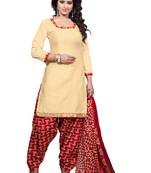Beige embroidered cotton poly unstitched salwar with dupatta