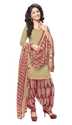 Beige embroidered cotton poly unstitched salwar with dupatta 1