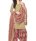 Beige embroidered cotton poly unstitched salwar with dupatta