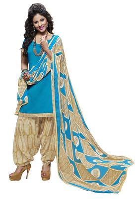 Blue embroidered cotton poly unstitched salwar with dupatta 1