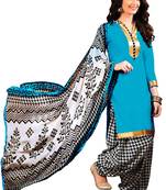 Blue embroidered cotton poly unstitched salwar with dupatta