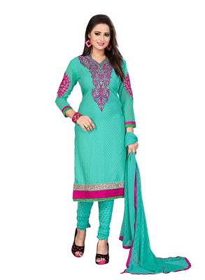 Blue embroidered faux crepe unstitched salwar with dupatta 1