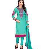 Blue embroidered faux crepe unstitched salwar with dupatta