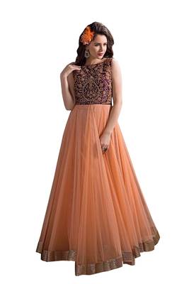 Orange embroidered faux net unstitched salwar with dupatta 1
