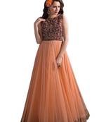 Orange embroidered faux net unstitched salwar with dupatta