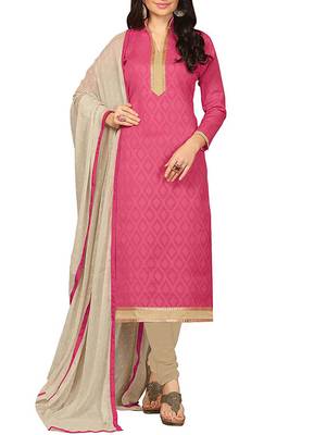 Pink embroidered faux jacquard unstitched salwar with dupatta 1