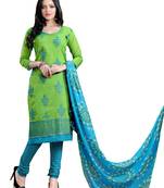 Green embroidered faux jacquard unstitched salwar with dupatta