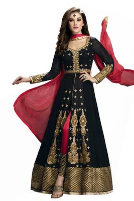 Black embroidered faux georgette unstitched salwar with dupatta 1