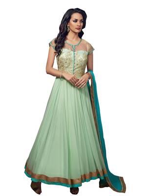 Green embroidered faux net unstitched salwar with dupatta 1