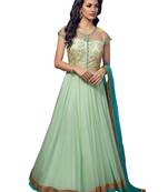 Green embroidered faux net unstitched salwar with dupatta