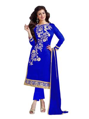 Blue embroidered cotton poly unstitched salwar with dupatta 1