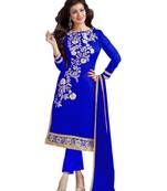 Blue embroidered cotton poly unstitched salwar with dupatta
