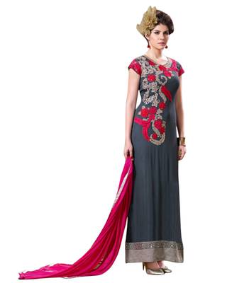 Grey embroidered faux georgette unstitched salwar with dupatta 1