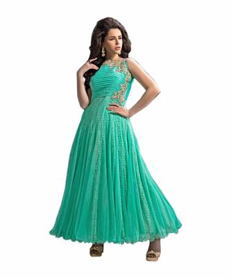 Green embroidered faux net unstitched salwar with dupatta 1