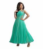 Green embroidered faux net unstitched salwar with dupatta