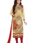 Beige embroidered faux georgette unstitched salwar with dupatta
