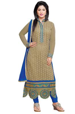 Brown embroidered faux georgette unstitched salwar with dupatta 1
