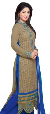 Brown embroidered faux georgette unstitched salwar with dupatta 2