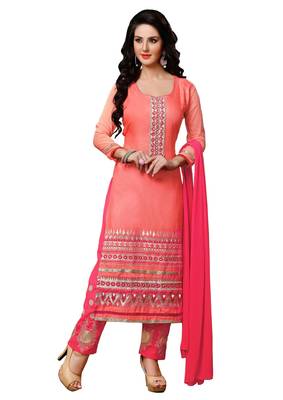 Pink embroidered cotton poly unstitched salwar with dupatta 1