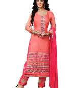 Pink embroidered cotton poly unstitched salwar with dupatta