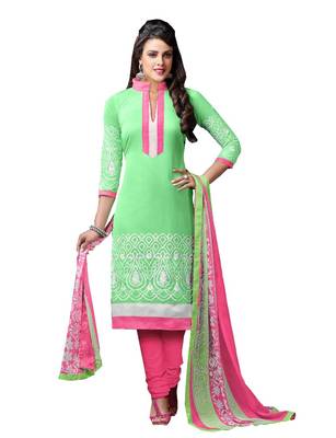 Green embroidered cotton poly unstitched salwar with dupatta 1