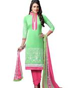 Green embroidered cotton poly unstitched salwar with dupatta