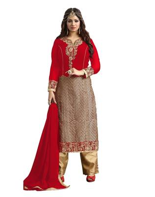 Red embroidered faux georgette unstitched salwar with dupatta 1