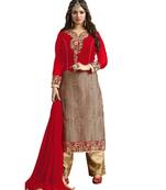 Red embroidered faux georgette unstitched salwar with dupatta