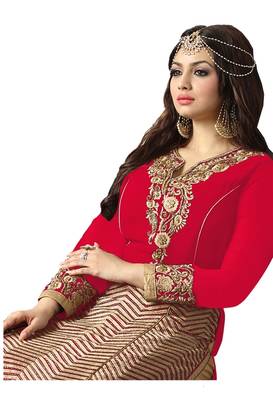 Red embroidered faux georgette unstitched salwar with dupatta 2