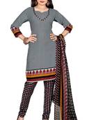 Grey embroidered faux crepe unstitched salwar with dupatta