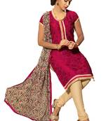 Pink embroidered cotton poly unstitched salwar with dupatta