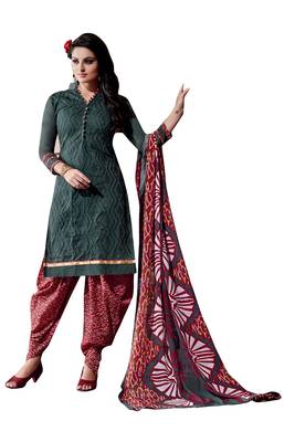 Grey embroidered cotton poly unstitched salwar with dupatta 1