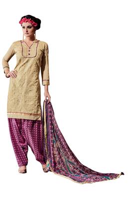 Beige embroidered cotton poly unstitched salwar with dupatta 1