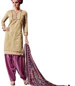 Beige embroidered cotton poly unstitched salwar with dupatta