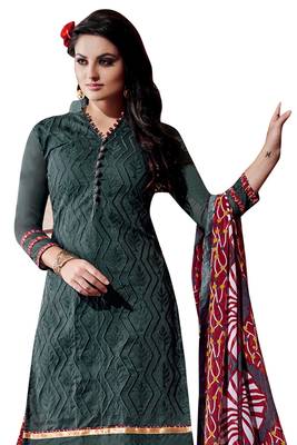 Grey embroidered cotton poly unstitched salwar with dupatta 2