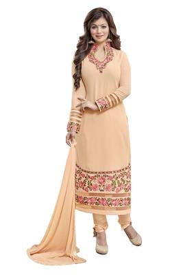 Beige embroidered faux georgette unstitched salwar with dupatta 1