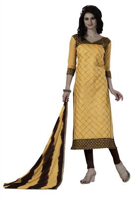 Yellow embroidered cotton poly unstitched salwar with dupatta 1