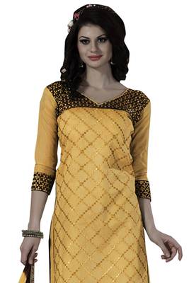Yellow embroidered cotton poly unstitched salwar with dupatta 2