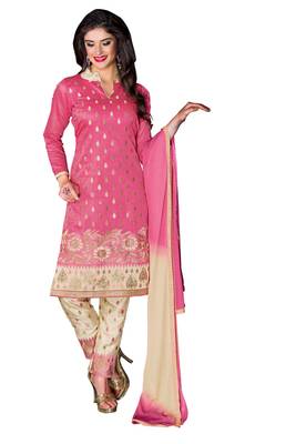 Pink embroidered cotton poly unstitched salwar with dupatta 1