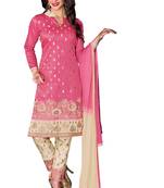 Pink embroidered cotton poly unstitched salwar with dupatta
