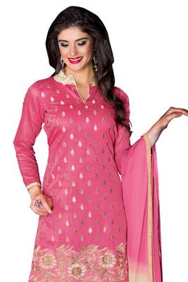Pink embroidered cotton poly unstitched salwar with dupatta 2