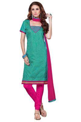 Green embroidered cotton poly unstitched salwar with dupatta 1