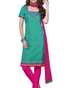 Green embroidered cotton poly unstitched salwar with dupatta