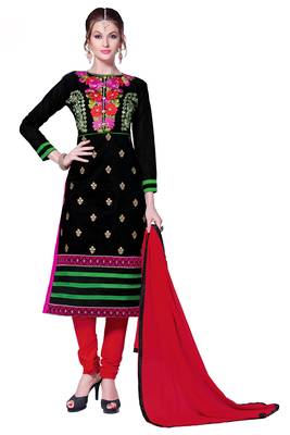Black embroidered cotton poly unstitched salwar with dupatta 1