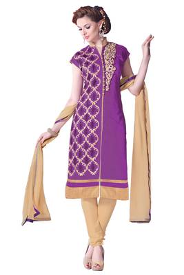 Purple embroidered cotton poly unstitched salwar with dupatta 1