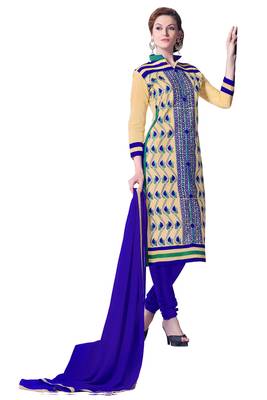 Beige embroidered cotton poly unstitched salwar with dupatta 1