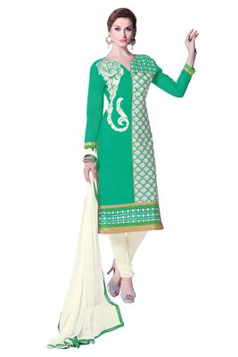 Green embroidered cotton poly unstitched salwar with dupatta 1