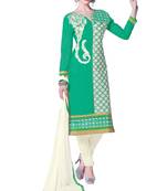 Green embroidered cotton poly unstitched salwar with dupatta