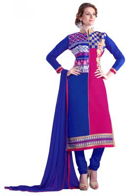 Blue embroidered cotton poly unstitched salwar with dupatta 1