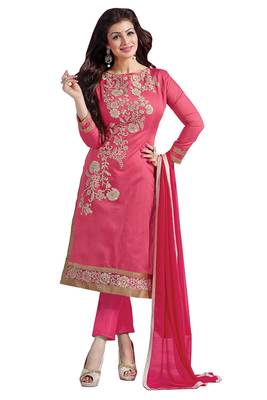 Pink embroidered cotton poly unstitched salwar with dupatta 1